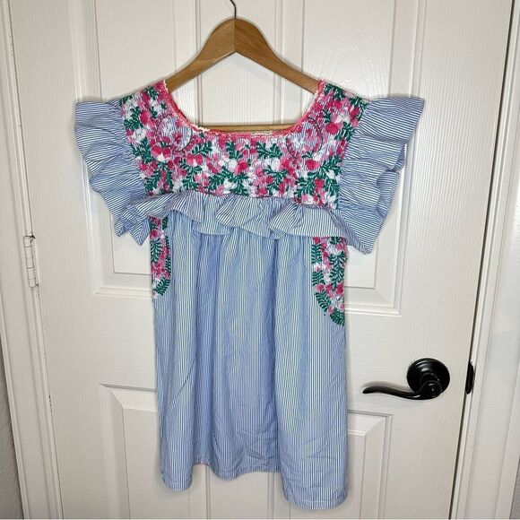 MI GOLONDRINA Blue White Striped Floral Embroidered Soledad Blouse Sz S Bohemian - Picture 4 of 9